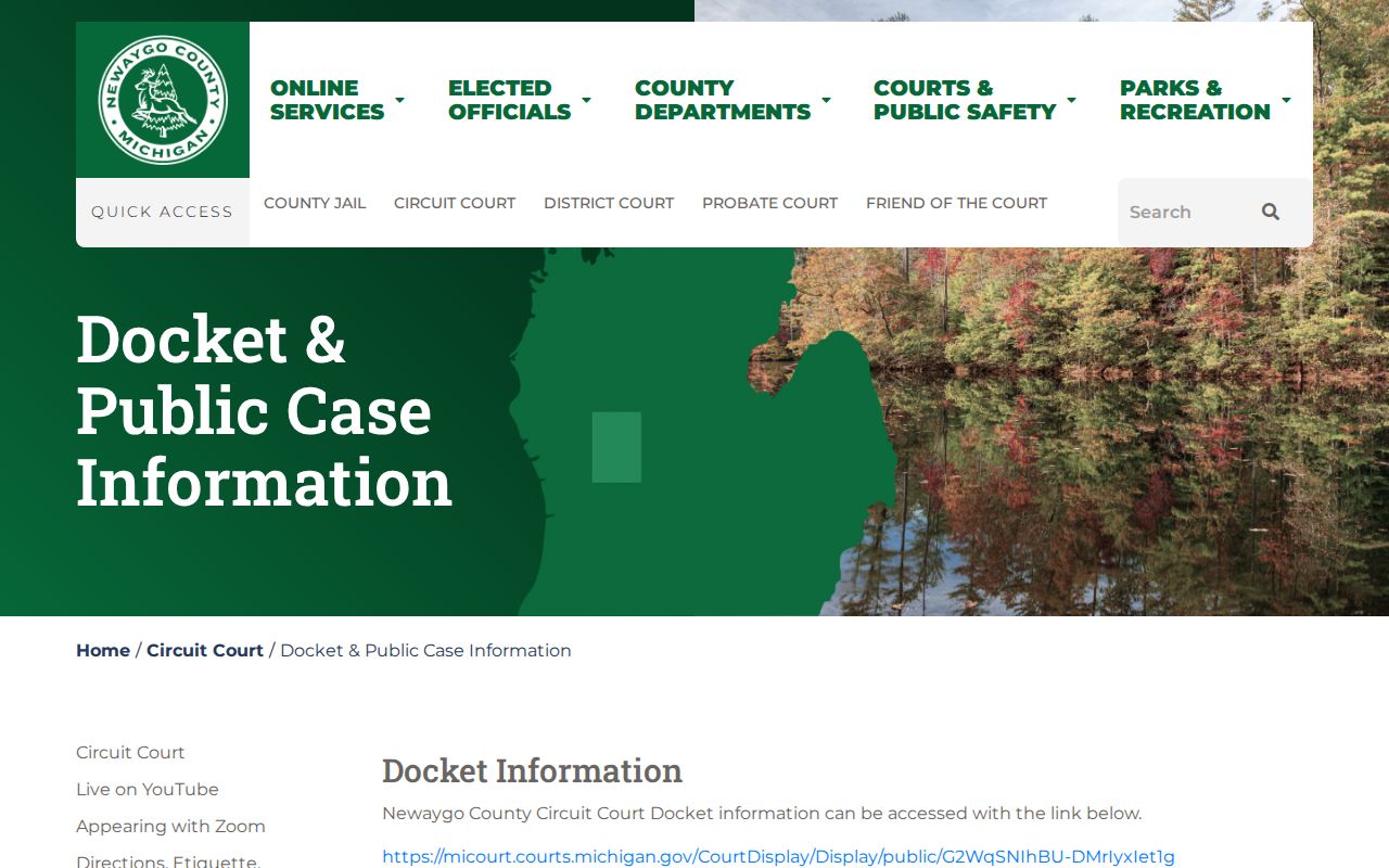 Newaygo County official page linking the Circuit docket and public case search for a Newaygo County warrant lookup