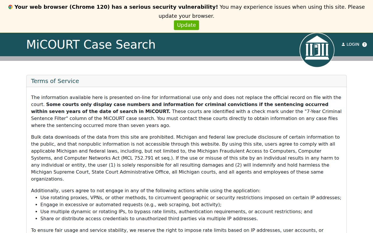 Newaygo County Circuit Court public case search page used for Newaygo County warrant records checks